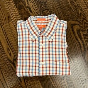 Faconnable jeans Cream w Blue Orange plaid button down shirt. Cotton. Size XL